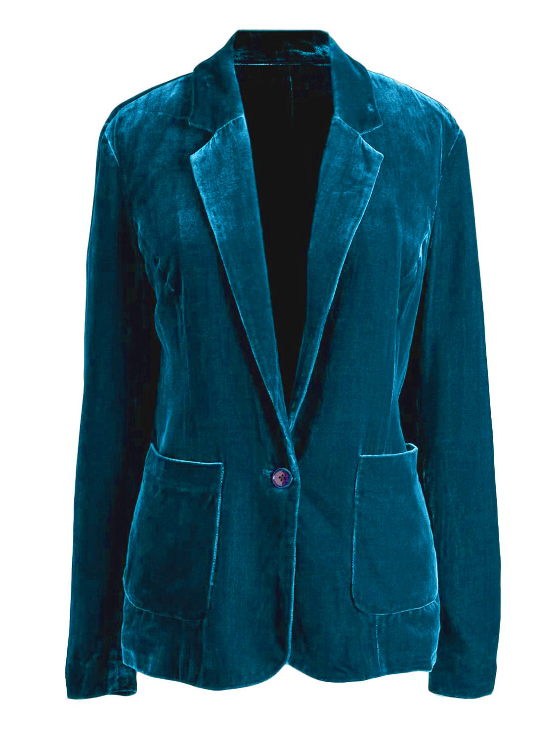 Peacock blue velvet blazer with one button and patch pockets