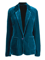 Peacock blue velvet blazer with one button and patch pockets