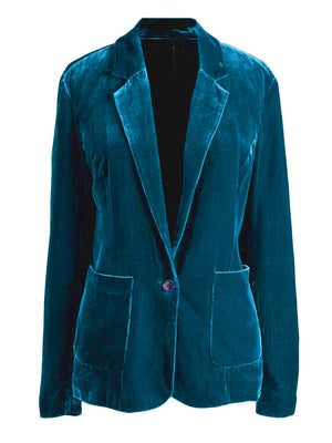 Peacock blue velvet blazer with one button and patch pockets