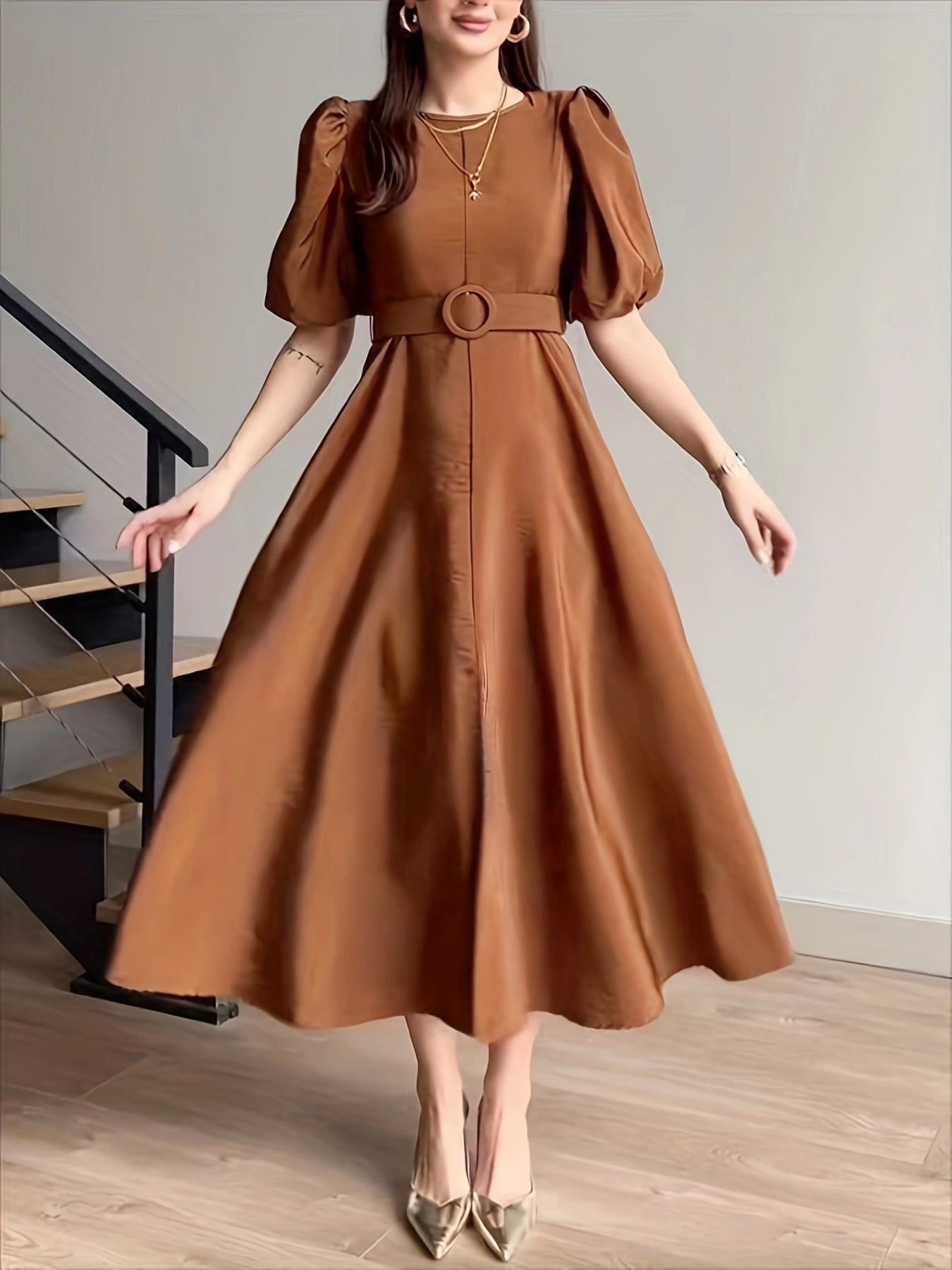 Belted midi dress in brown with puff sleeves and a-line skirt
