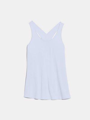 Light blue flow tank top with crisscross back straps.