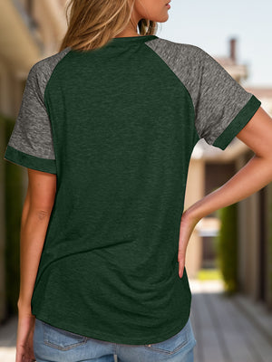 Raglan sleeve tee in dark green with heather gray sleeves and trim.