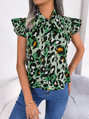 Green leopard print blouse with ruffled sleeves and pussybow tie neckline
