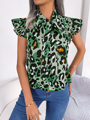 Green leopard print blouse with ruffled sleeves and pussybow tie neckline