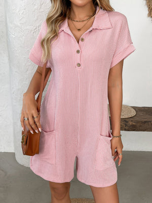Blush pink ribbed knit romper with white pinstripes, patch pockets, and button detail.