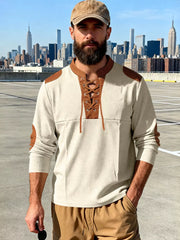 Men's apricot long-sleeve t-shirt with lace-up neckline and contrast elbow patches.