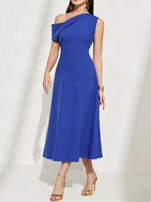 Blue asymmetrical midi dress with a one-shoulder neckline and flared skirt.