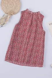 Burgundy printed sleeveless blouse with ruffled neckline
