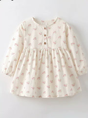 Cream floral print long sleeve toddler dress with button front and gathered waist.
