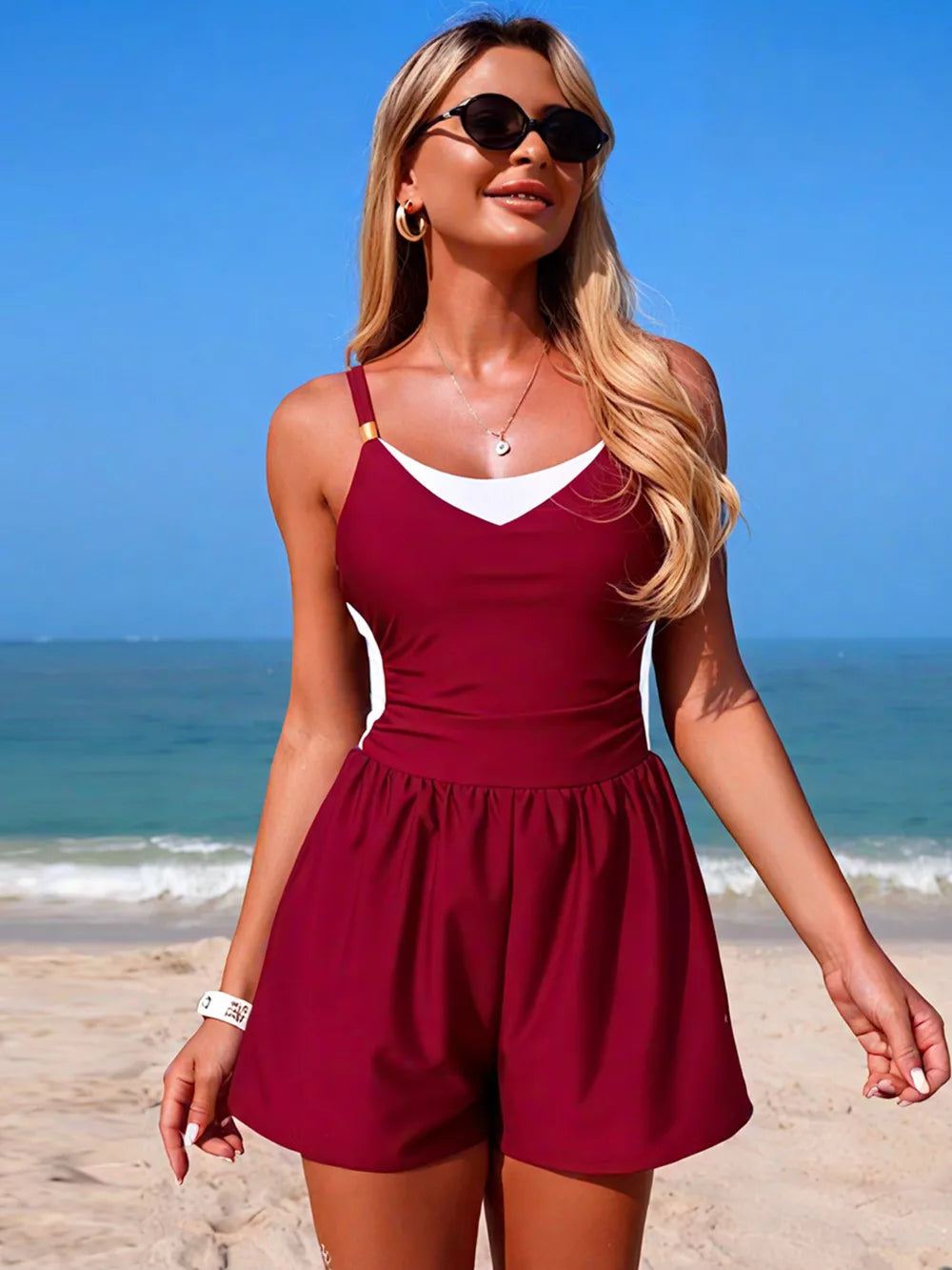 Chic color block one-piece swimsuit in wine red and white with adjustable straps and a skirted bottom.
