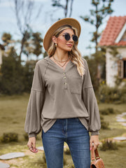 Mocha ribbed henley hoodie with balloon sleeves and a chest pocket.