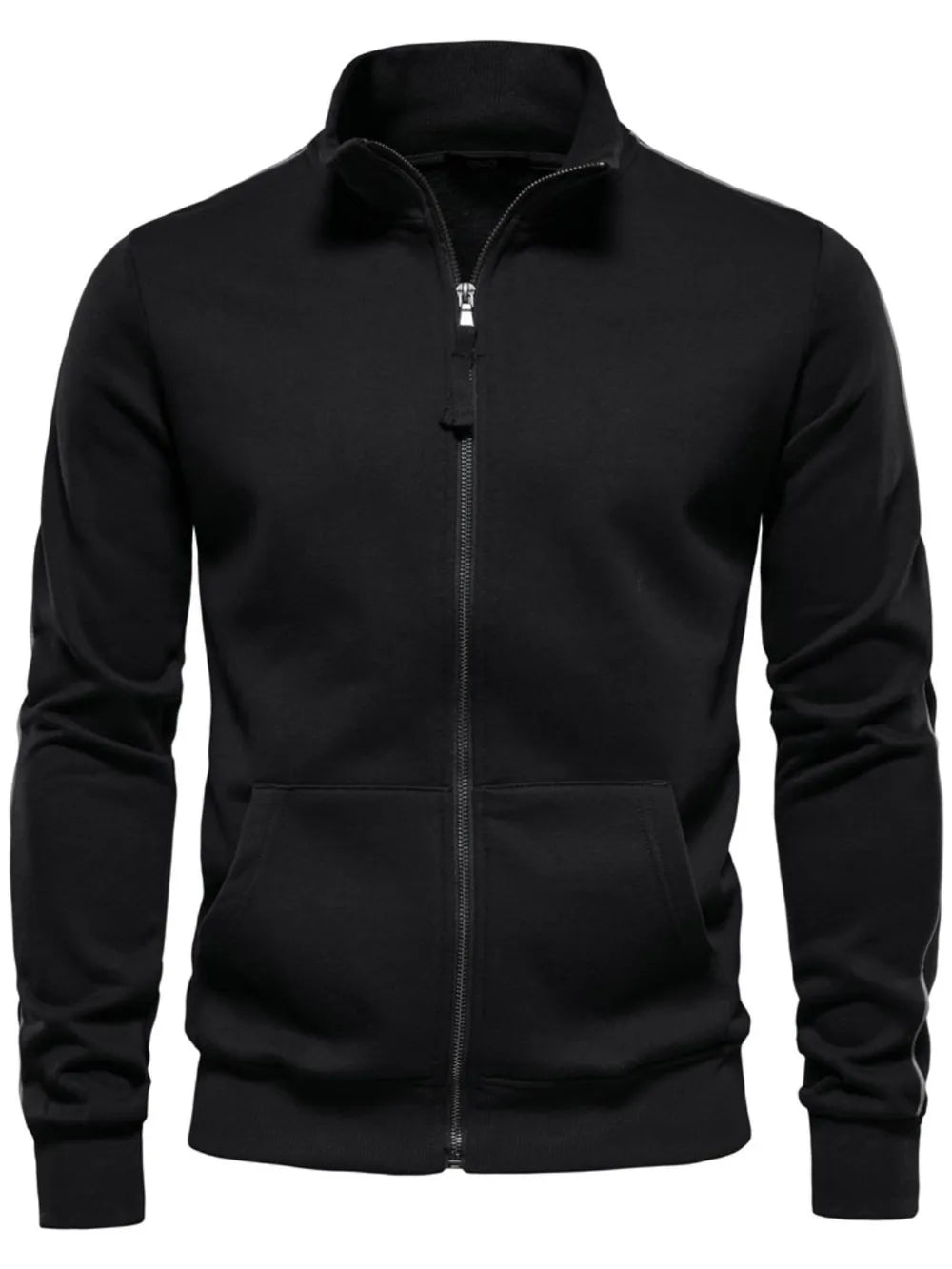 Black track jacket with zip-up front, stand collar, and subtle side stripe detail.
