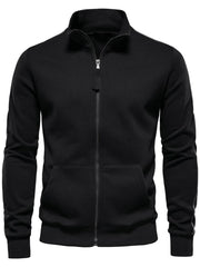 Black track jacket with zip-up front, stand collar, and subtle side stripe detail.