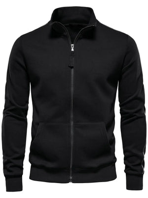 Black track jacket with zip-up front, stand collar, and subtle side stripe detail.