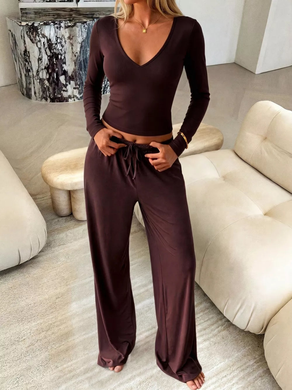 V-neck Long Sleeve Top And Wide-leg Pants Set in Brown, model styling view