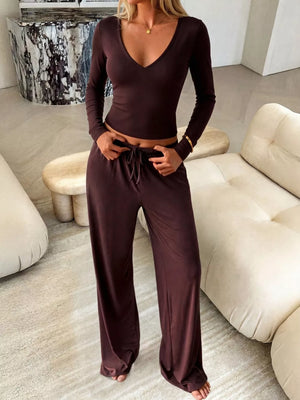 V-neck Long Sleeve Top And Wide-leg Pants Set in Brown, model styling view