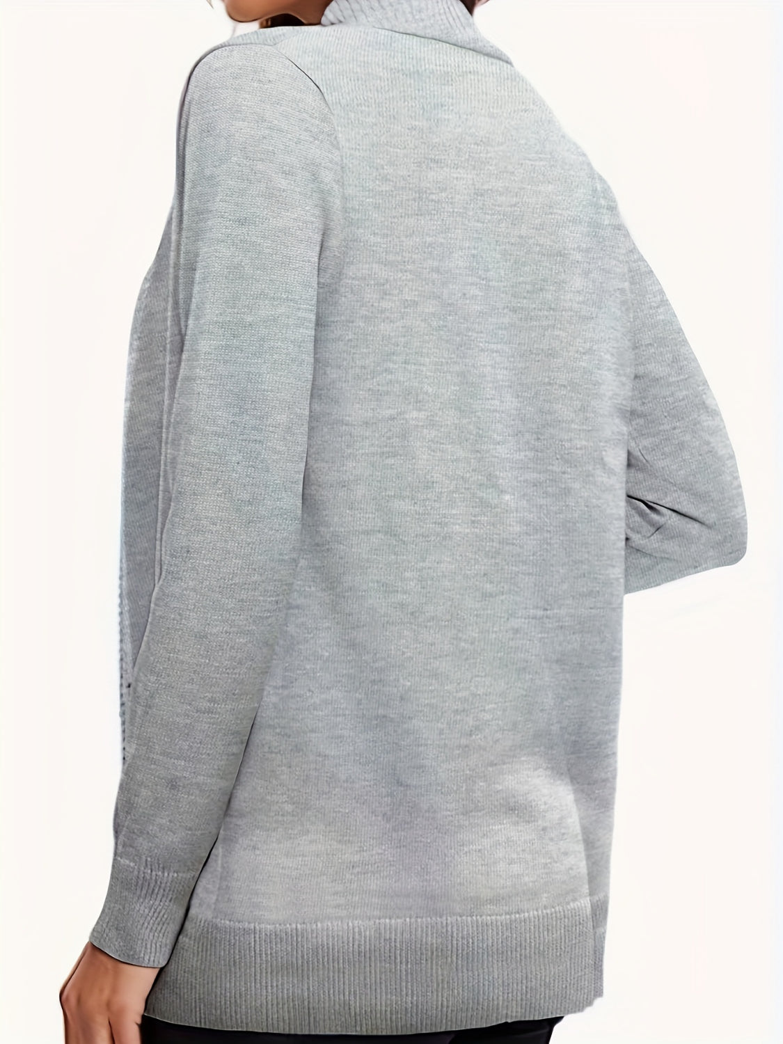 Gray textured knit open-front cardigan with ribbed cuffs and hem