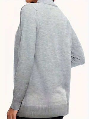 Gray textured knit open-front cardigan with ribbed cuffs and hem