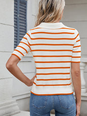 Orange and white striped knit polo top with short sleeves and collar.