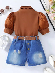 Children's Puff Sleeve Top And Denim Shorts Set, front view