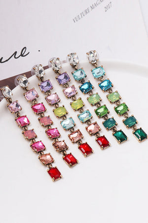 Ombre Gemstone Cascade Earrings in multicolor, pink, and green, featuring rectangular faceted stones and alloy metal.