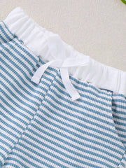 Baby blue and white striped shorts with white ribbed waistband and drawstring.