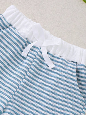 Baby blue and white striped shorts with white ribbed waistband and drawstring.