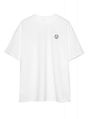 White oversized t-shirt with minimalist black emblem on chest