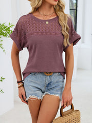 Waffle knit t-shirt in pink with eyelet detail on the yoke and sleeves.