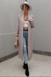 Textured knit maxi cardigan in purple with open front and long sleeves.