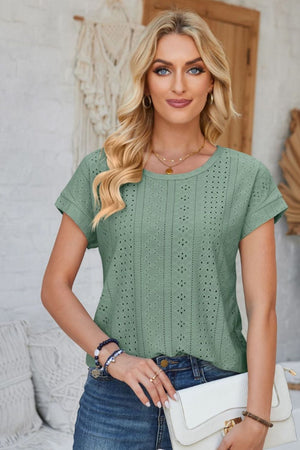 Sage green perforated eyelet tee with cuffed short sleeves and a crew neck.