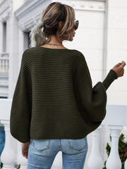 Olive boat neck ribbed dolman knit sweater with wide sleeves.