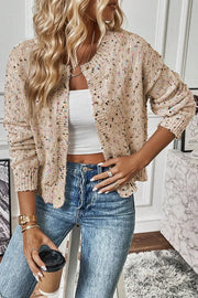 Confetti knit button-up cardigan in beige with colorful speckles and a crew neck.