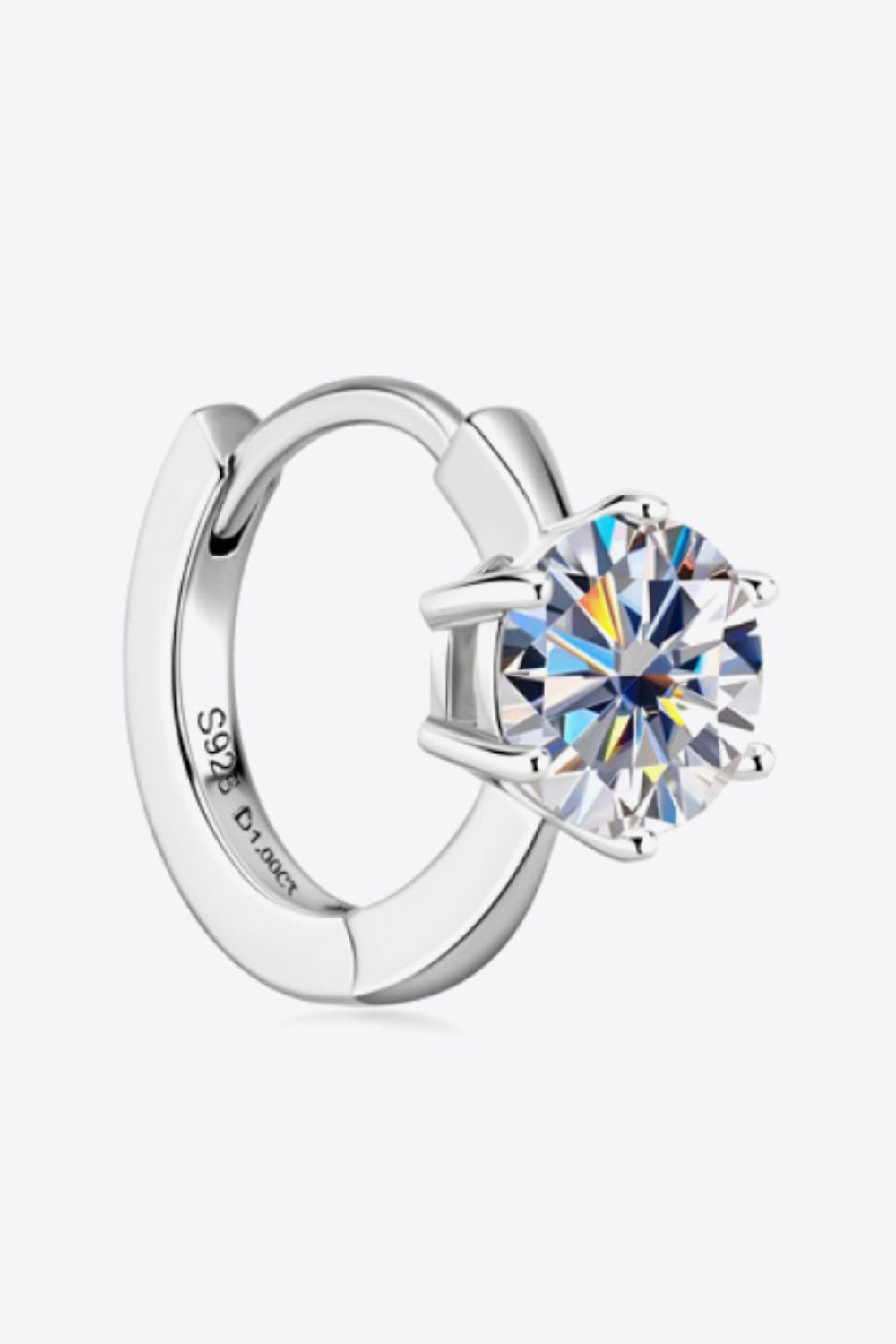 Silver moissanite solitaire huggie hoop earring with 1.00ct diamond.