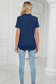 Navy V-neck polo shirt with short sleeves and a pocket detail.
