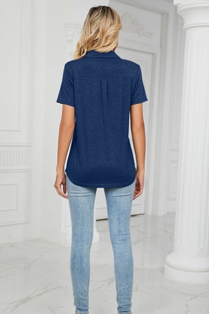 Navy V-neck polo shirt with short sleeves and a pocket detail.