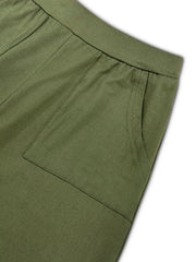 Moss green lounge pants with elastic waistband and patch pocket detail