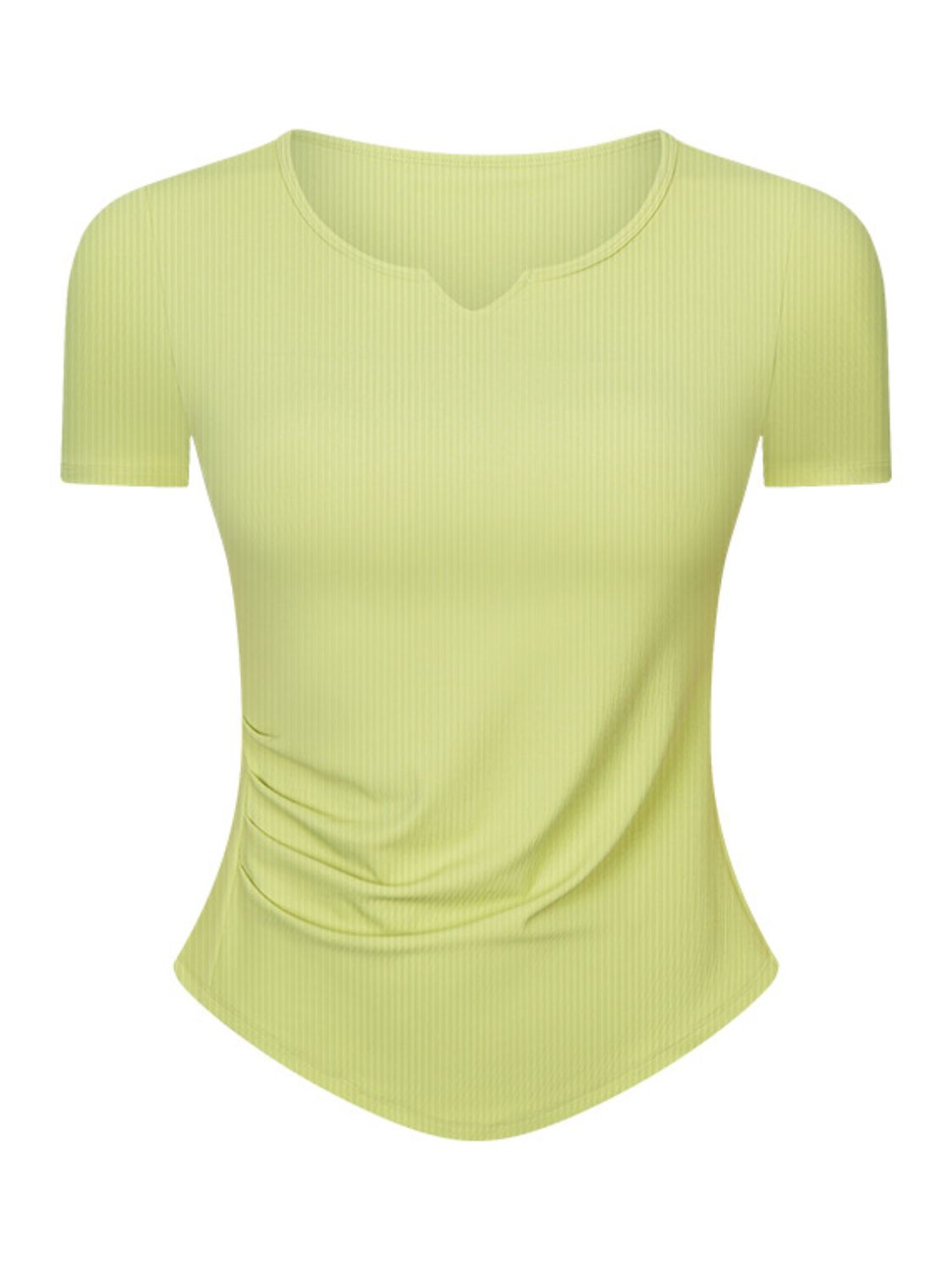 Yellow Green ribbed notch-neck active top with ruched side detail