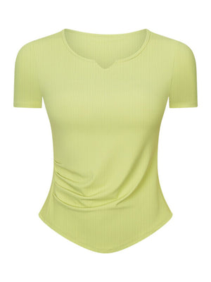Yellow Green ribbed notch-neck active top with ruched side detail