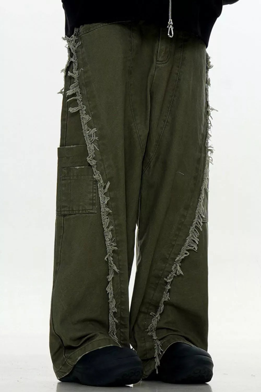 Army green wide-leg sweatpants with distressed fringe detail on the sides.