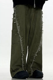 Army green wide-leg sweatpants with distressed fringe detail on the sides.