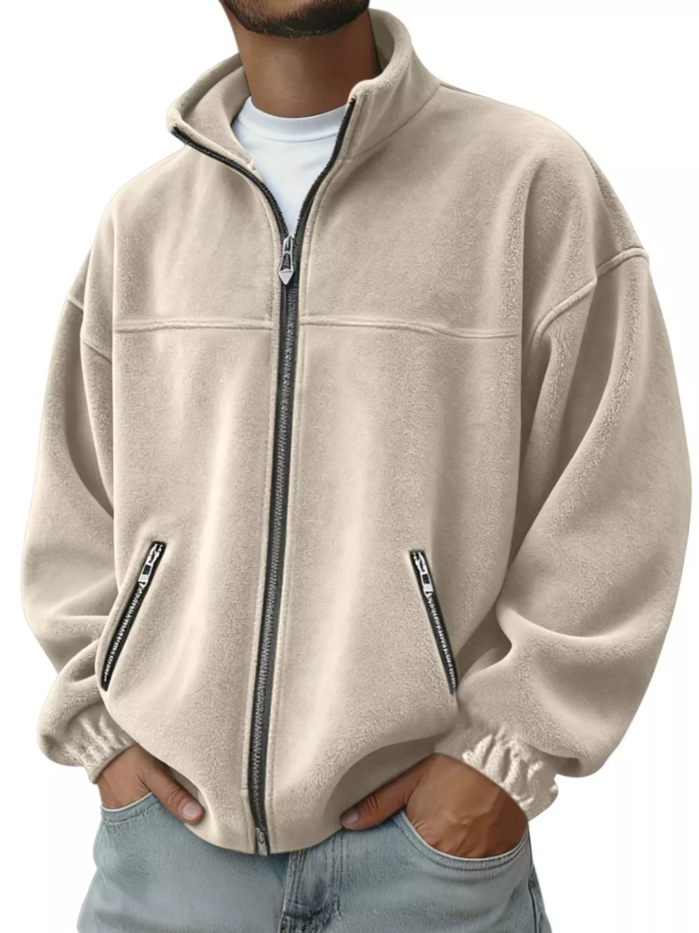 Men's off-white fleece zip-up jacket with zippered pockets and stand collar.
