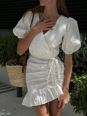 Puff Sleeve Ruffled Hem Mini Dress