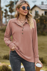 Dusty Pink textured polo-neck sweater with button detail and long sleeves.