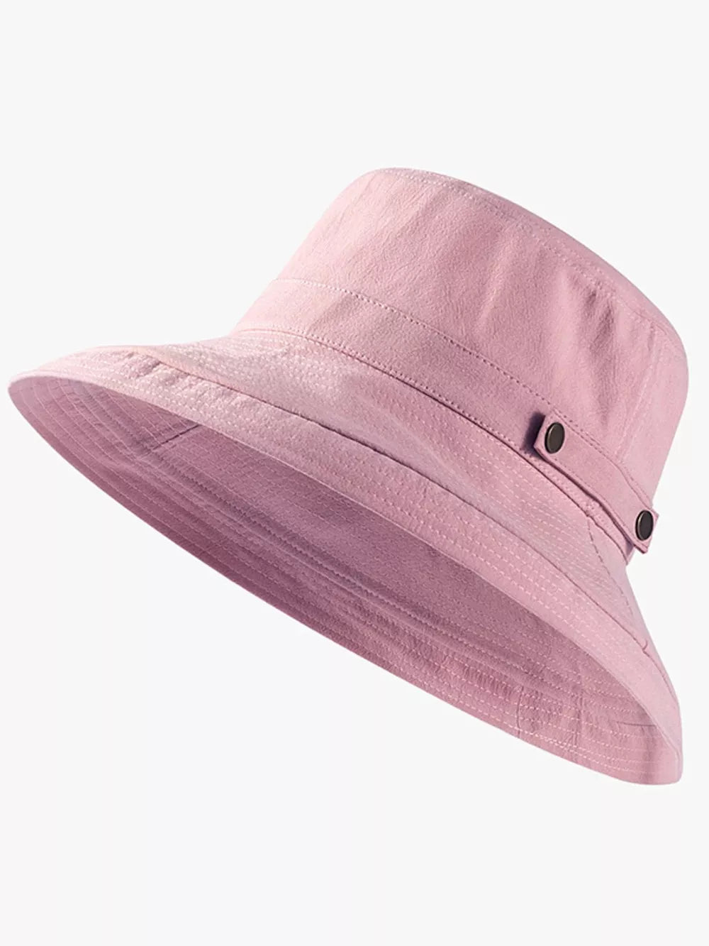 Pink cotton bucket hat with wide brim and brass hardware detail