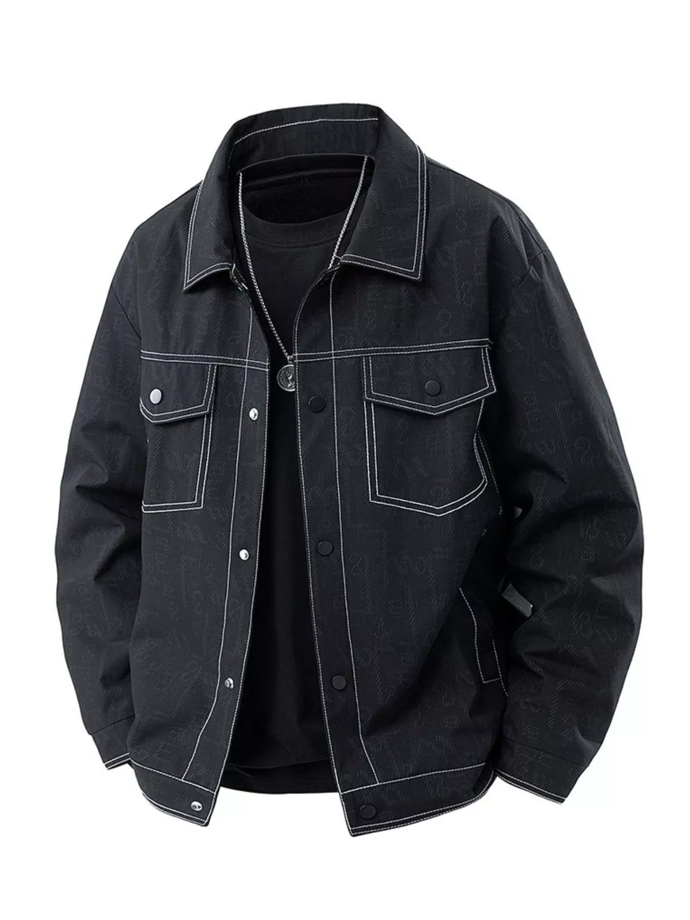 Oversized black denim trucker jacket with white contrast stitching and snap front.