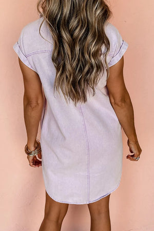 Rolled sleeve denim shirtdress in Pink Purple with button detail.