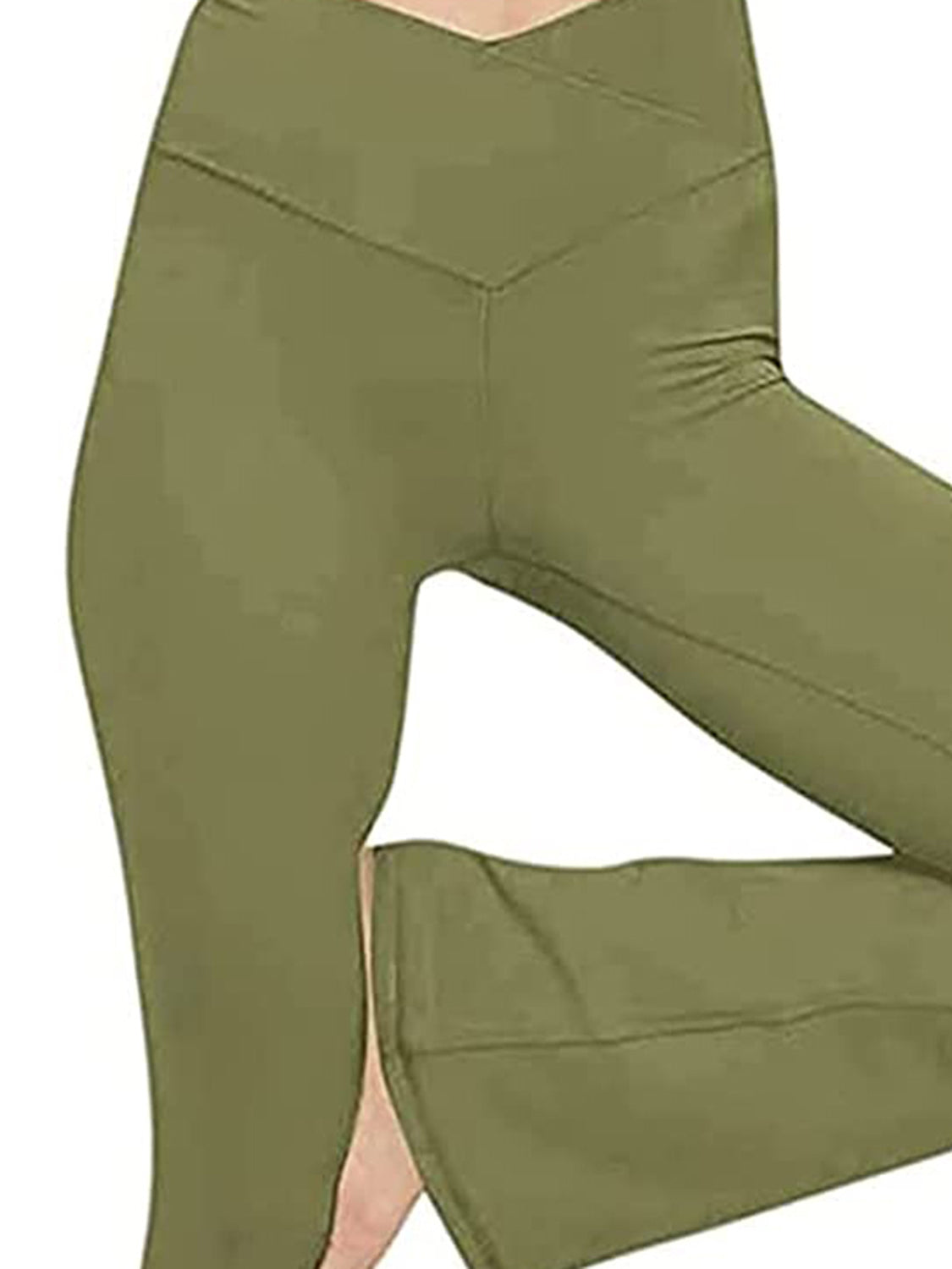 V-waist flare leggings in Army Green with a subtle V-shaped waistband detail.