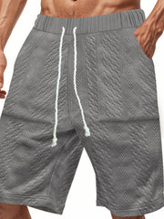 Men's grey quilted texture drawstring chino shorts with diamond pattern.
