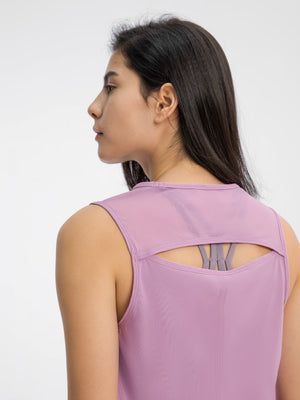 Pink Purple mesh-back performance tank top with cutout detail and racerback sports bra visible.